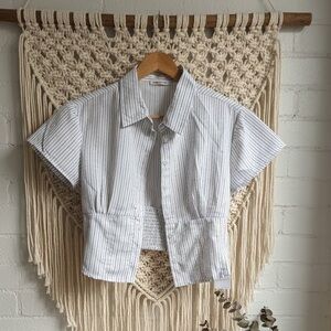 Button Down Shirt - White Chic Boho Striped Peplum Blouse